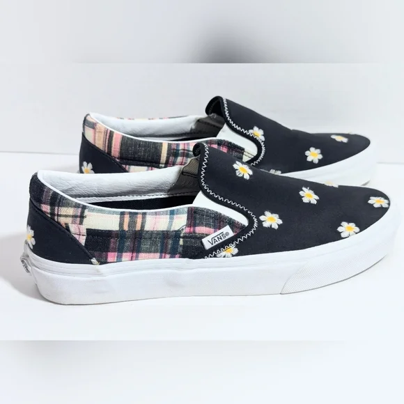 Vans Classic Slip-On Floral Plaid Patchwork embroidered daisies. Sz M7 W8.5 - Picture 3 of 11